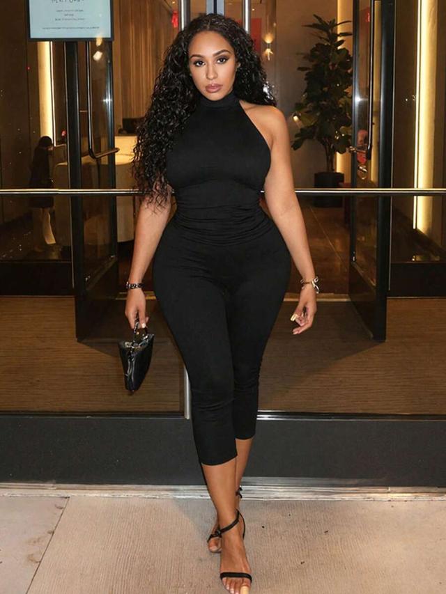 black halter neck ruched waist three-quarter jumpsuit