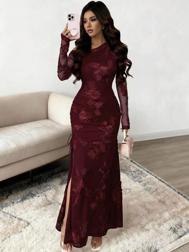 rafferiza burgundy floral jacquard mesh asymmetric slit dress