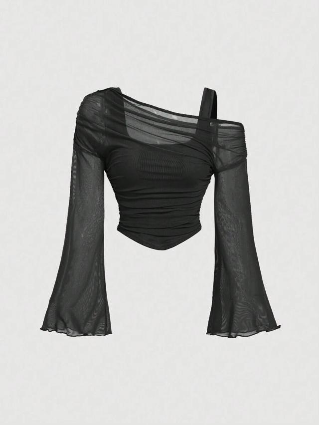 apricot off-shoulder mesh 2in1 trumpet sleeve top