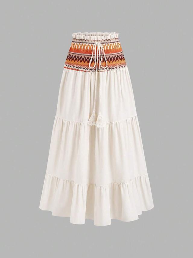 bohemian beige tiered long skirt with embroidered drawstring waist