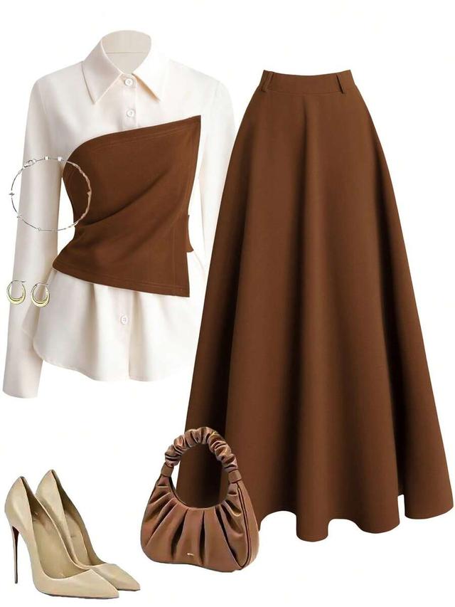 white elegant collared long sleeve shirt and high-waisted a-line skirt