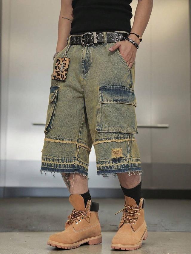 washed distressed baggy cargo denim shorts