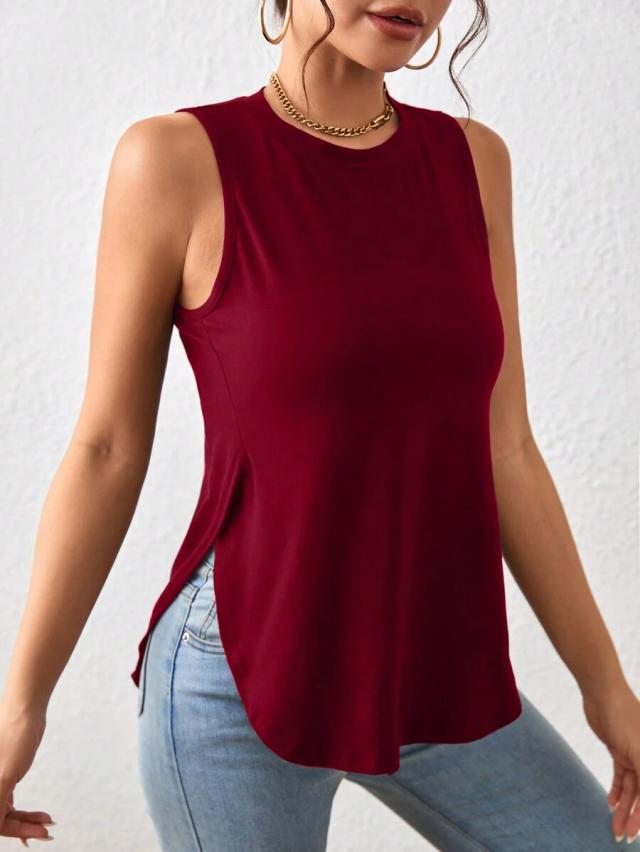 burgundy sleeveless asymmetric hem casual tank top