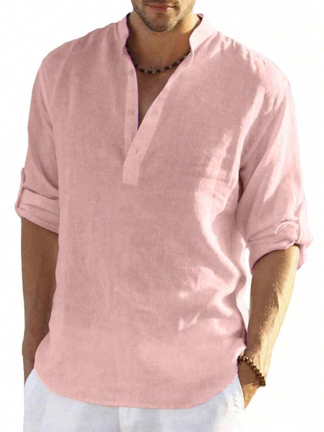 pink washed cotton mandarin collar henley shirt