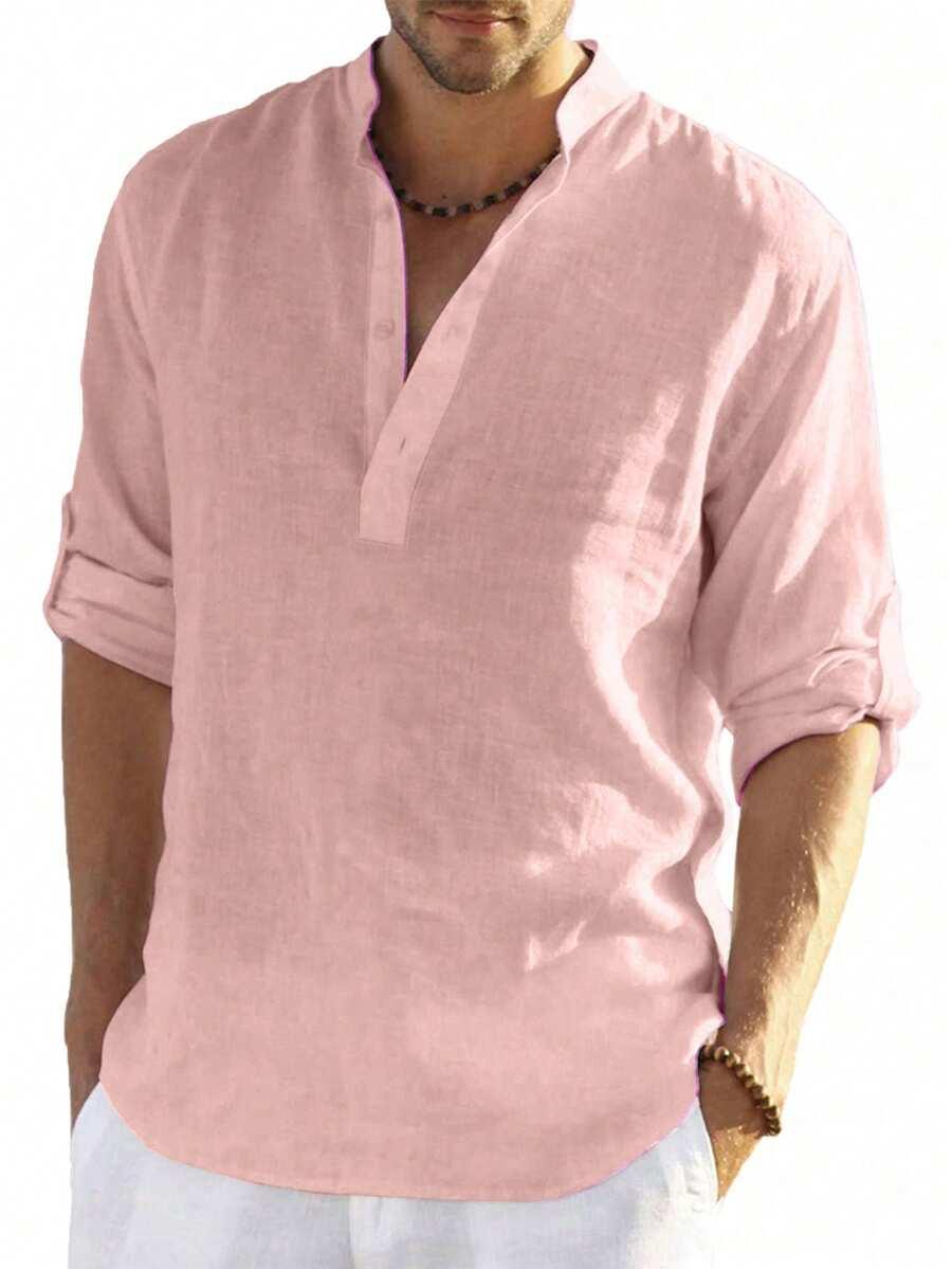 pink washed cotton mandarin collar henley shirt