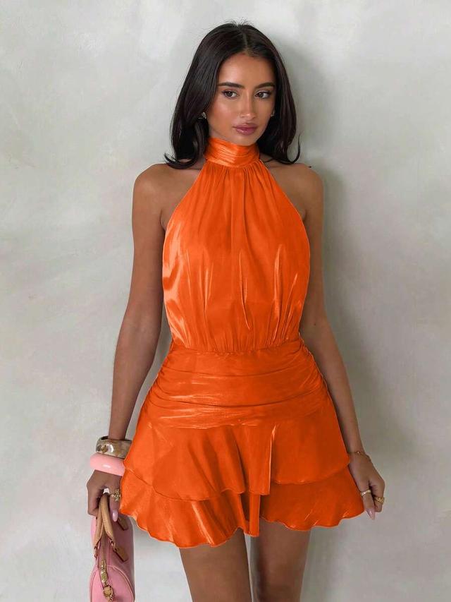 orange satin halter neck ruffle hem mini dress