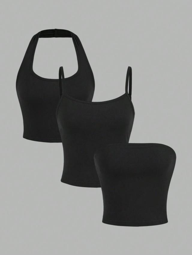 three black casual crop top including halter camisole and tube