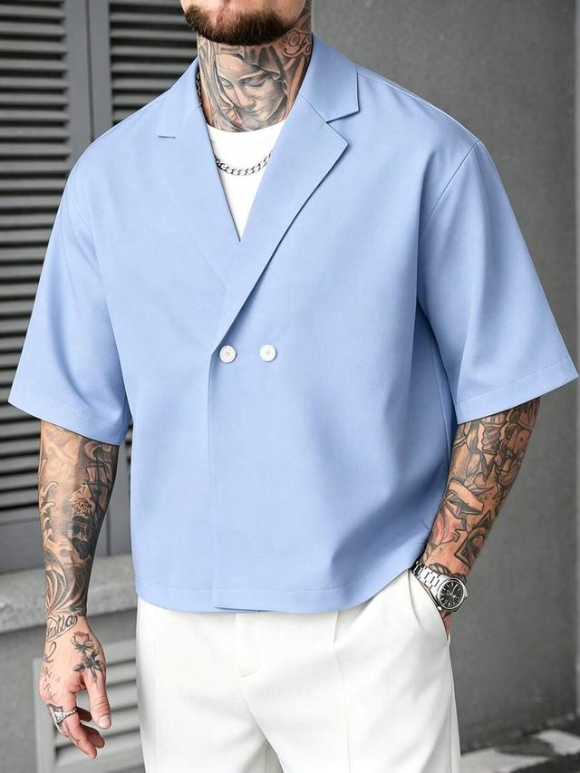 light blue double-breasted short sleeve casual shirt