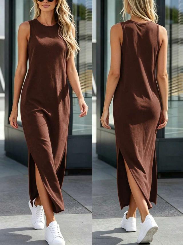 solid brown sleeveless side slit casual maxi dress