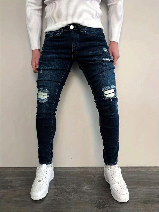 men's casual dark wash distressed slim fit jeans