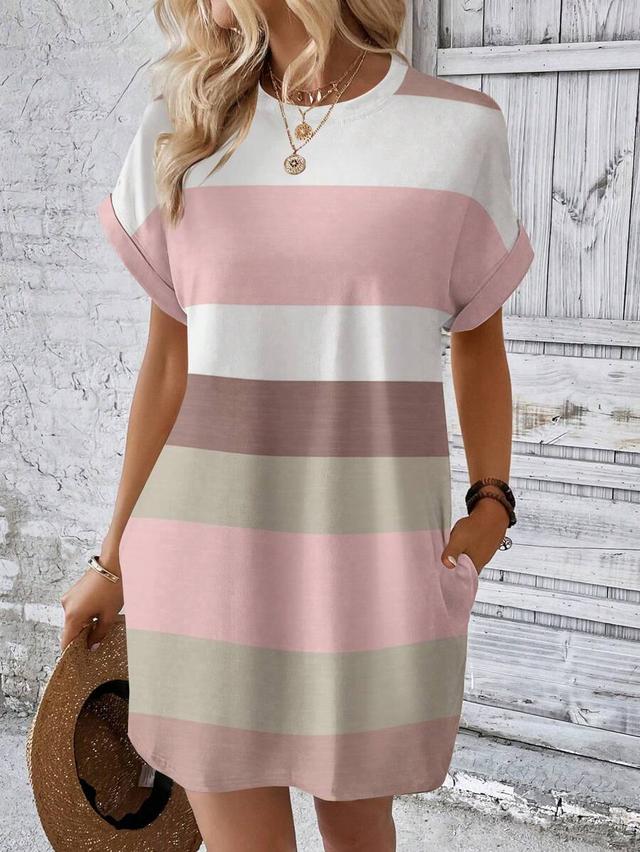 striped casual shift dress with rolled sleeves