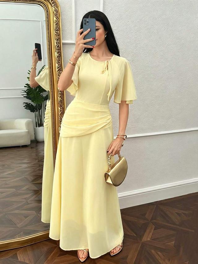 modelyn women's ruched waist concealed belly flared yellow long dress