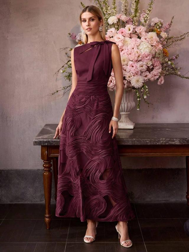 burgundy sleeveless jacquard bow cinched waist midi dress