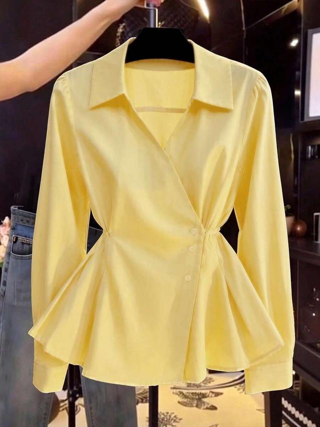 solid yellow french v-neck tie-waist long sleeve blouse