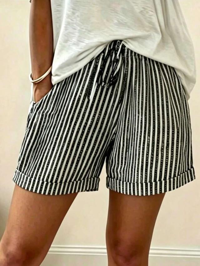 casual black and white striped drawstring shorts