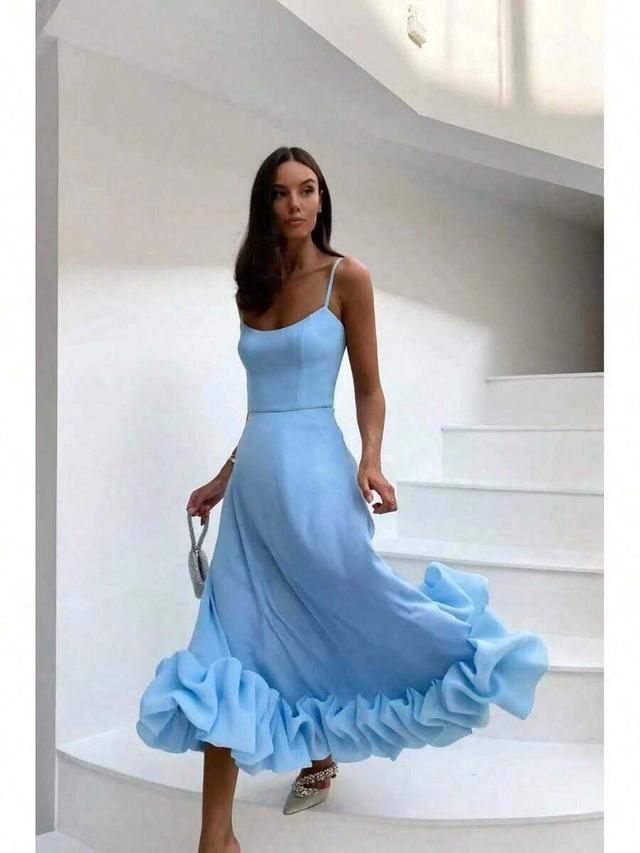 light blue spaghetti strap midi dress with ruffled hem