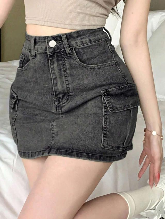 vintage washed denim cargo mini skirt