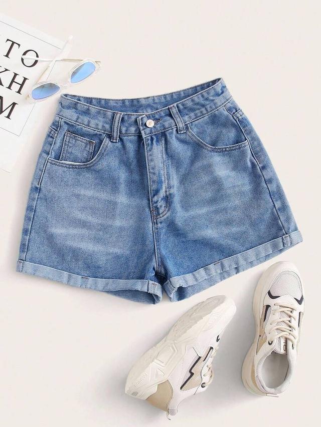 gloweve casual blue denim shorts with zipper and rolled hem