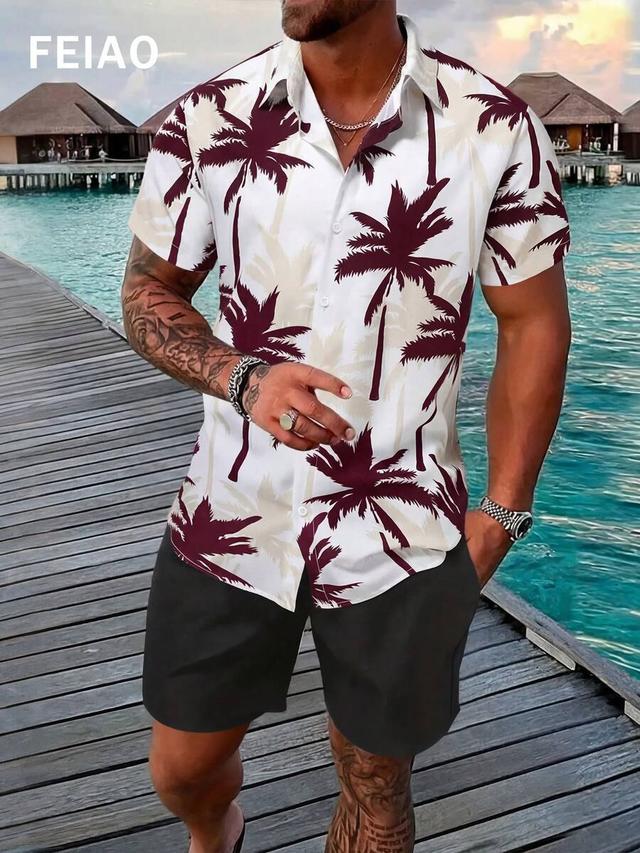 men's white palm tree print short sleeve shirt