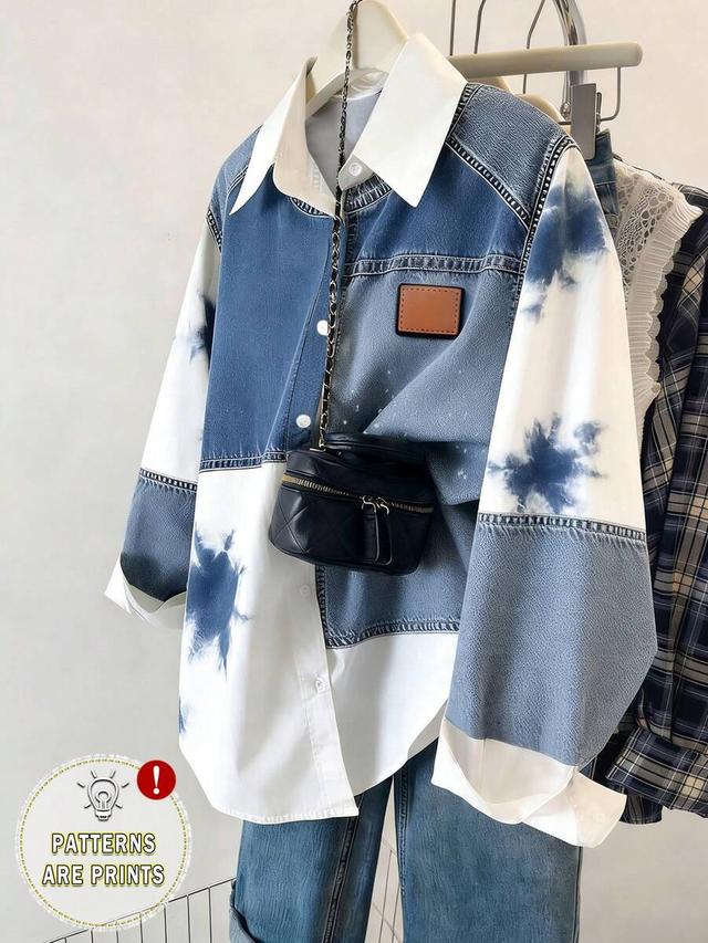 patchwork denim and tie-dye cotton button-up shirt
