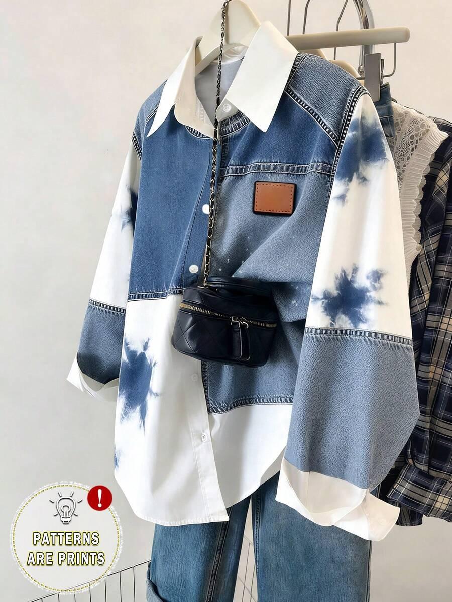 patchwork denim and tie-dye cotton button-up shirt
