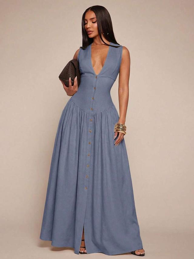 blue button-down sleeveless maxi dress with v-neck