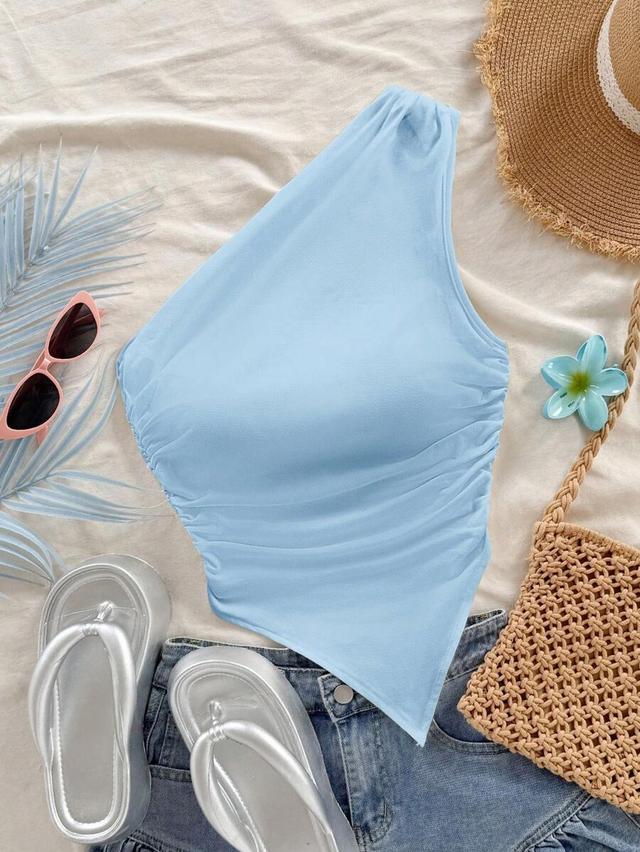 light blue asymmetric shoulder-exposed ruched crop top