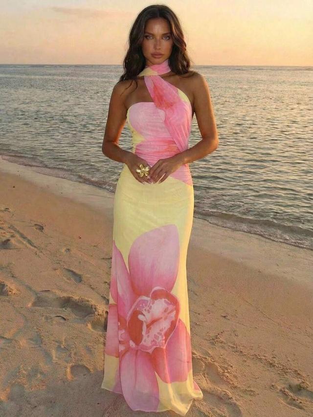 floral print chiffon halter neck maxi dress
