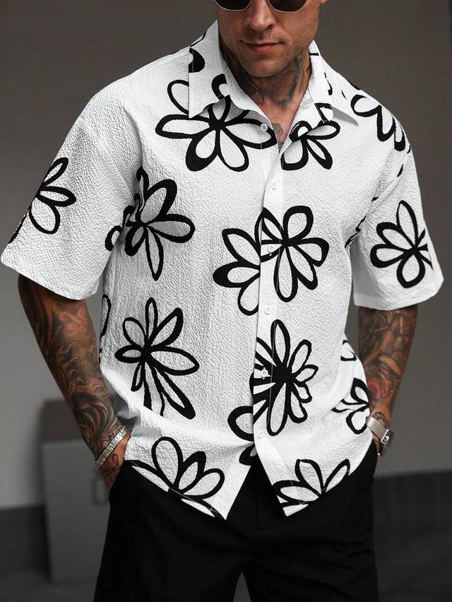 white floral print crinkled bubble gauze short sleeve shirt