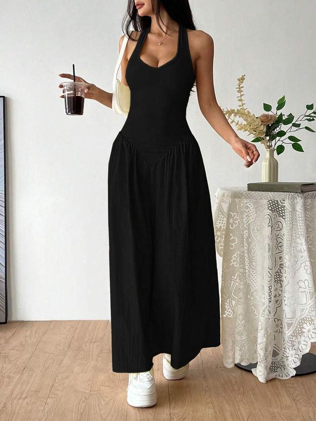 black deep v-neck halter tie-up ruched waist dress
