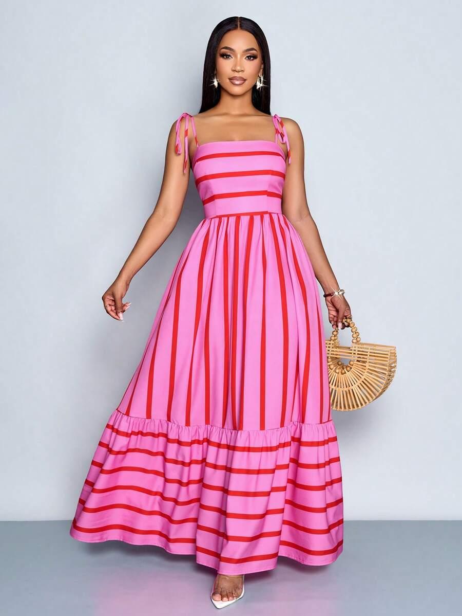 pink and red striped cotton midi dress