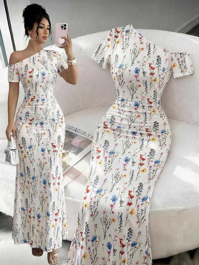 elenzga women's yellow floral print asymmetrical shoulder fitted dress