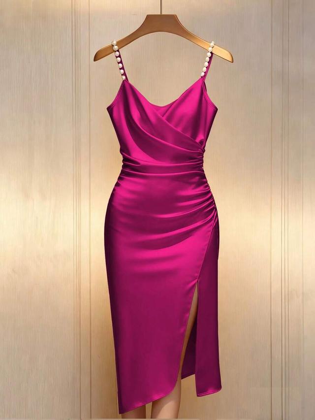 fuchsia satin cross collar bodycon dress with pearl straps
