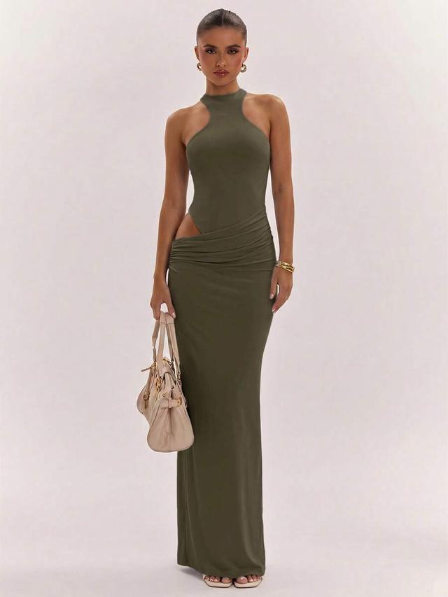 solid apricot sleeveless cutout asymmetric fitted bodycon dress
