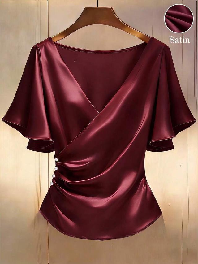 franclia elegant burgundy satin v-neck short sleeve blouse