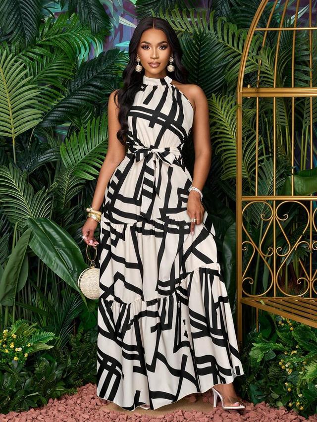floral print halter neck maxi dress with belt