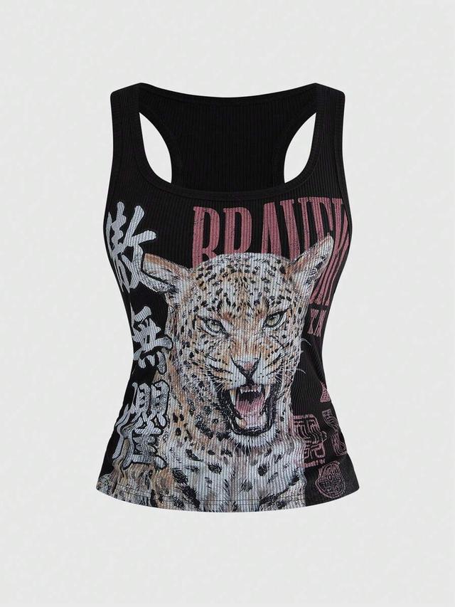 retro leopard print chinese lettering racerback tank top