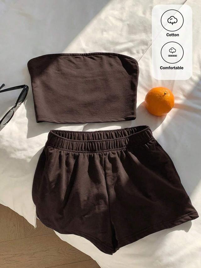 coffee brown casual cropped tube top and shorts set