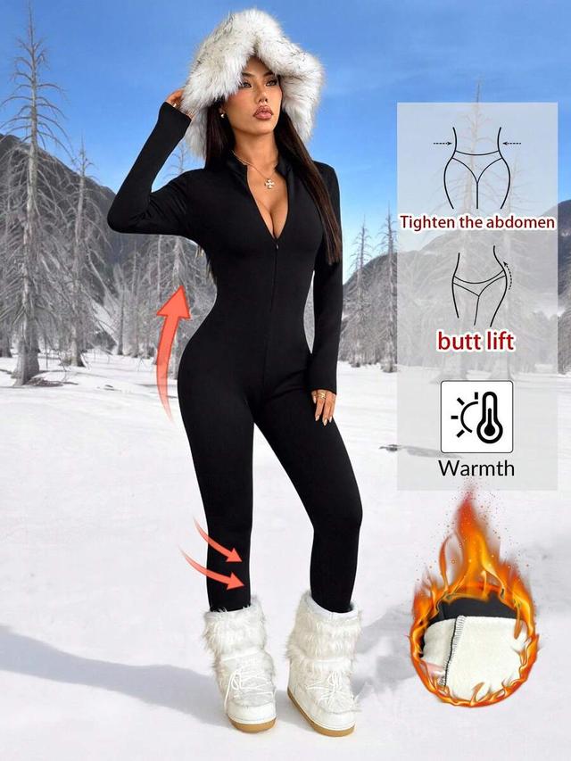 solid black front zipper long sleeve thermal jumpsuit