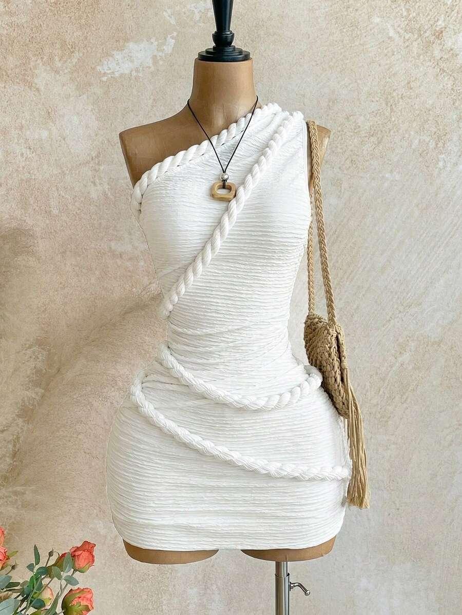 white braided one shoulder slim fit mini dress
