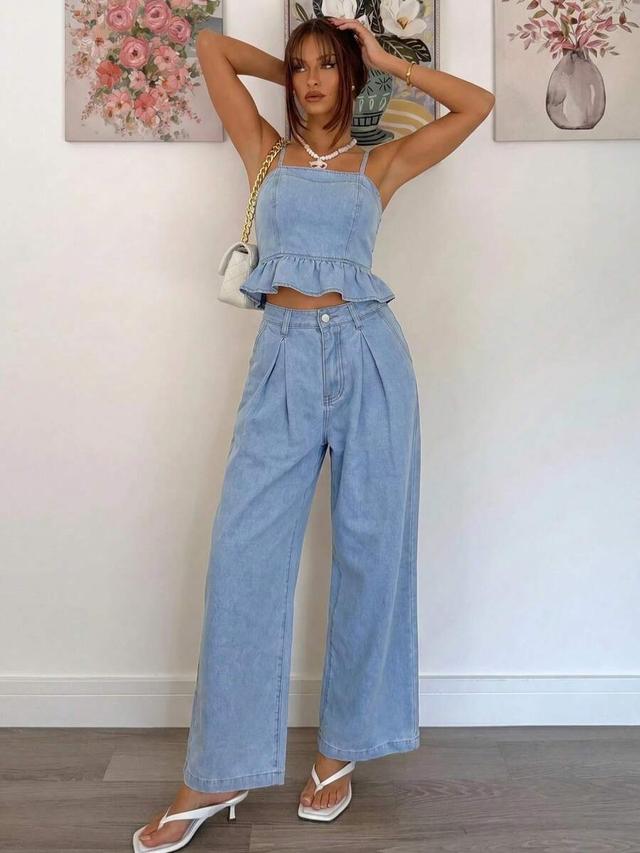 light wash denim ruffle cami and wide leg pants