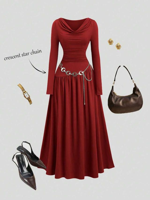coffee color draped neck long sleeve elegant dress