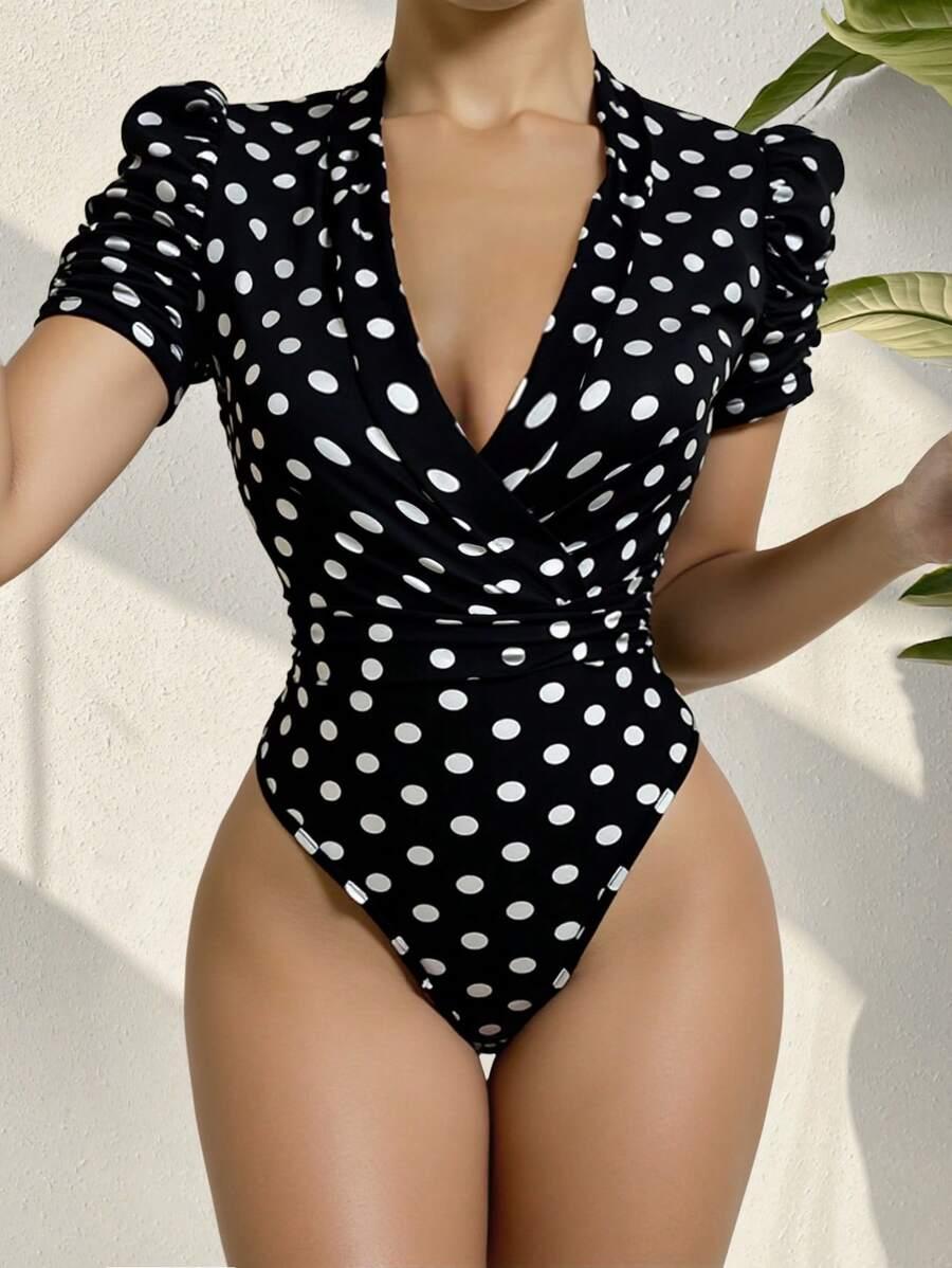 polka dot v-neck short sleeve bodysuit