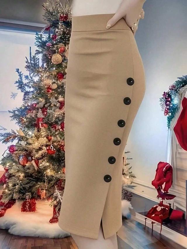 elegant camel high waist side button pencil skirt