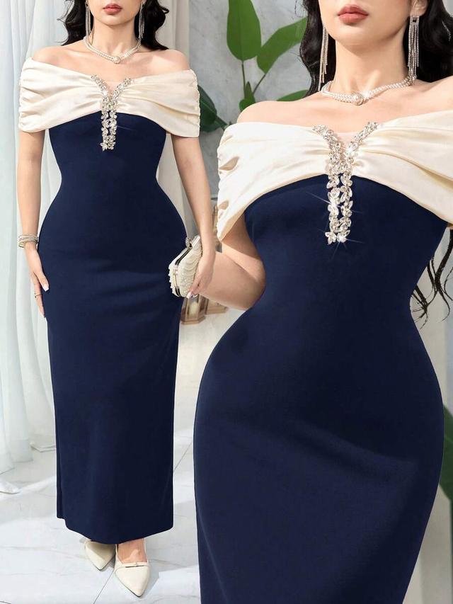 feyla women's elegant long dress with colorblock and rhinestone