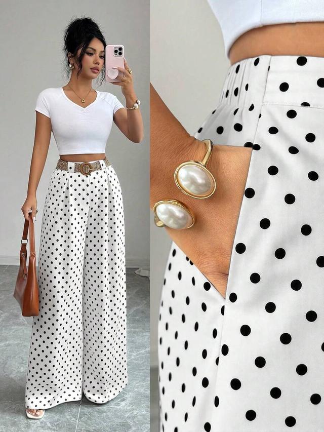 white and black polka dot high-waisted wide leg culottes