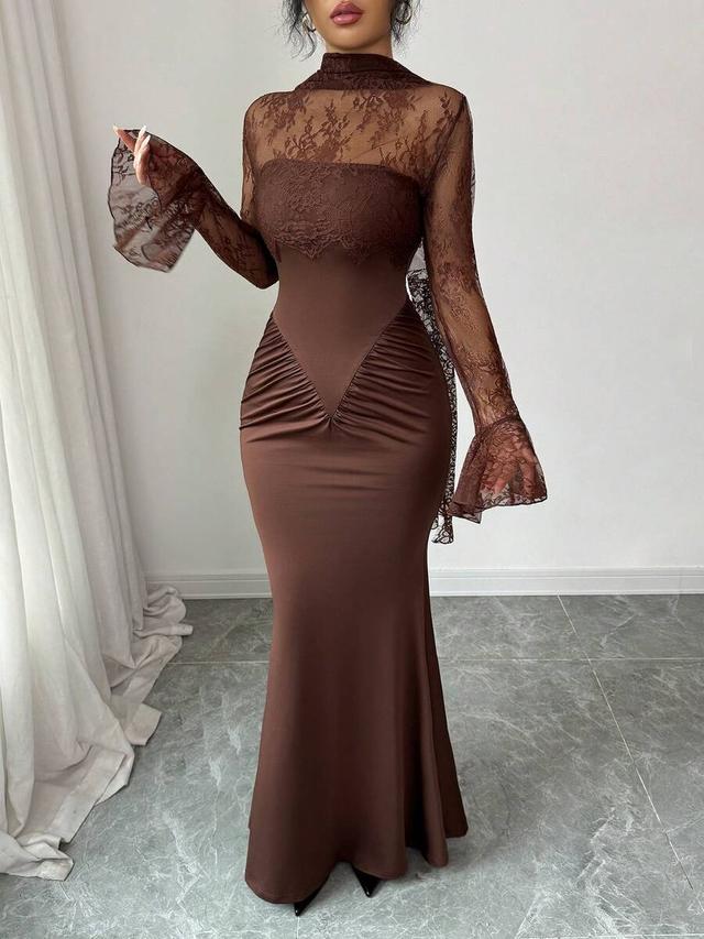 coffee brown lace patchwork halter mermaid maxi dress