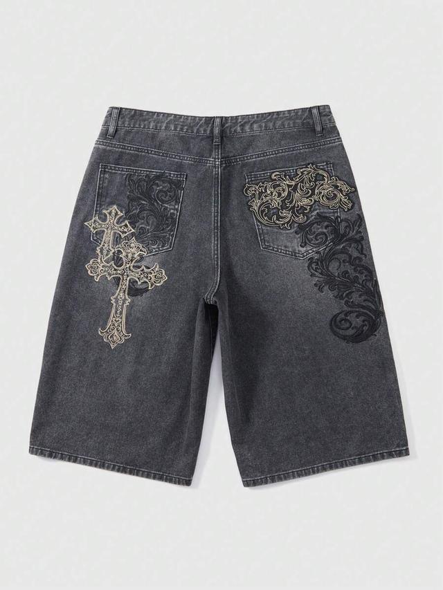 washed denim shorts with cross and floral embroidery