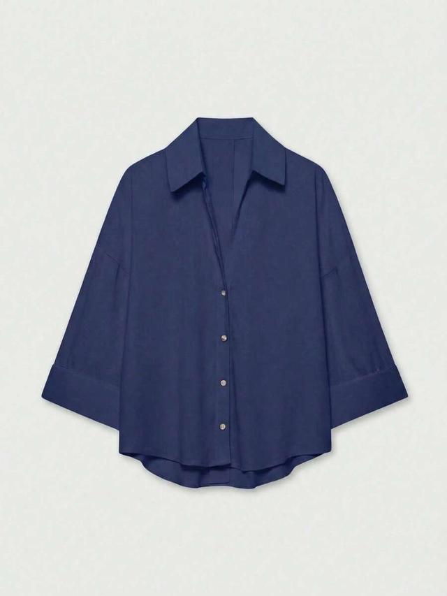 navy blue casual versatile turndown collar blouse