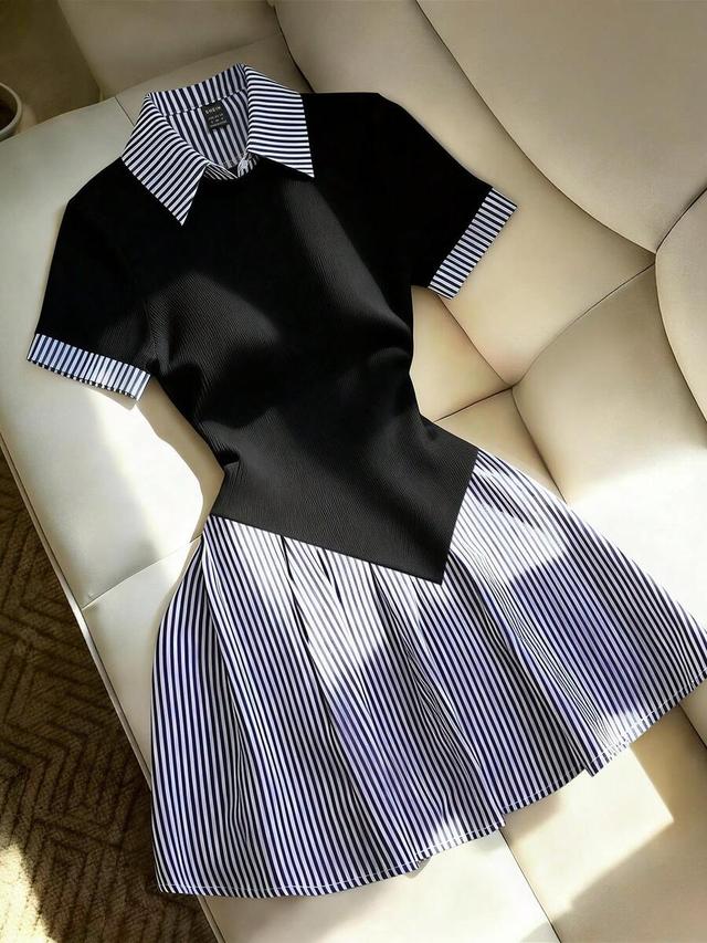 black and white striped collared pleated dress